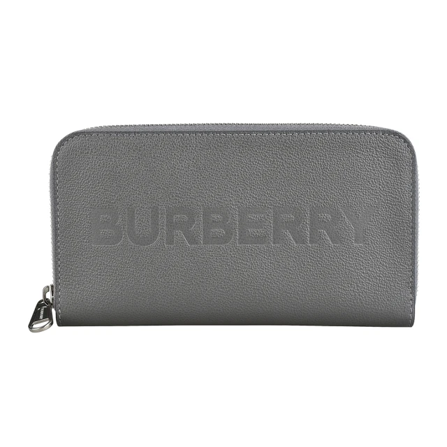 【BURBERRY 巴寶莉】BURBERRY經典壓印LOGO牛皮ㄇ字型12卡拉鍊長夾(灰)