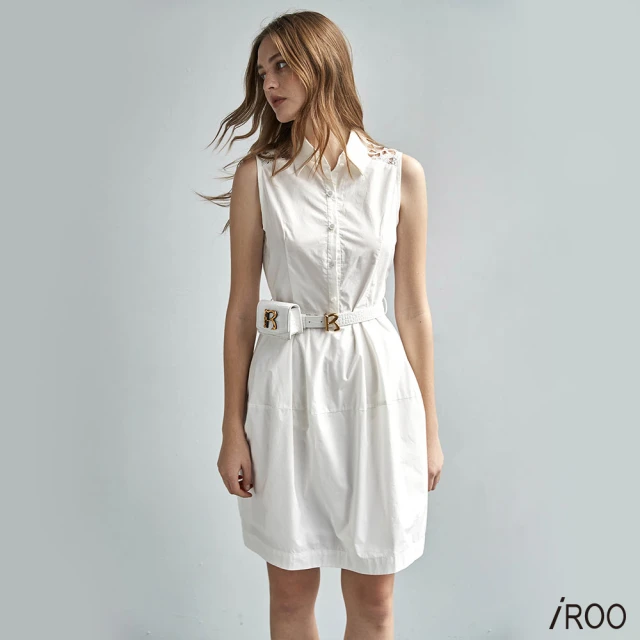 iROO 白色直紋透視感珍珠有領下抓皺經典設計短袖短洋優惠推