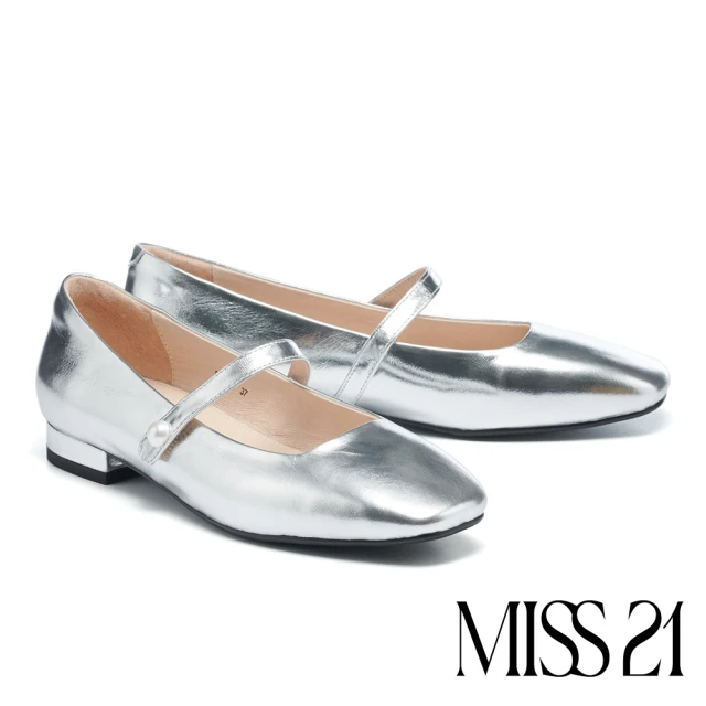 MISS 21 時髦質感牛皮珍珠繫帶方頭瑪莉珍低跟鞋(銀)