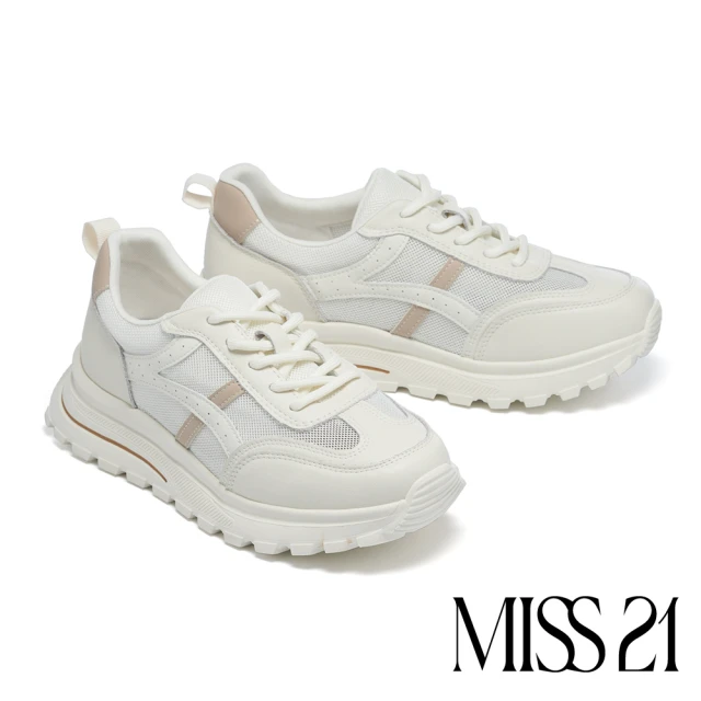 MISS 21 日常率性異材質綁帶撞色厚底休閒鞋(米)