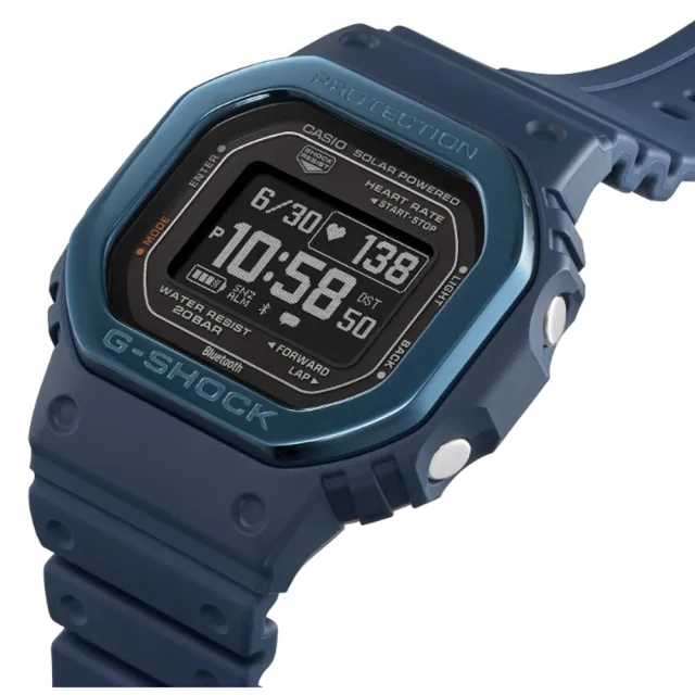 CASIO 卡西歐】G-SHOCK 心率偵測藍牙太陽能電力金屬錶圈湛藍經典方型