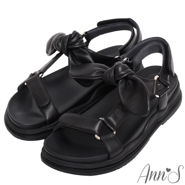 Ann’SAnn’S 柔軟羊皮大蝴蝶結可拆-升級彈力厚底魔鬼氈涼鞋4cm(黑)
