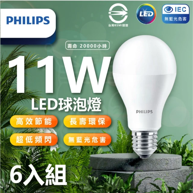 Philips 飛利浦照明Philips 飛利浦照明 LED 易省燈泡 11w 白光/中性光/黃光（6入）(無藍光 省電燈泡 護眼)