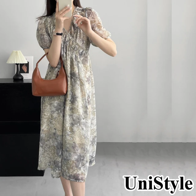 UniStyleUniStyle 印花短袖洋裝 法式V領一片式茶歇裙 女 WT5391(水墨灰)