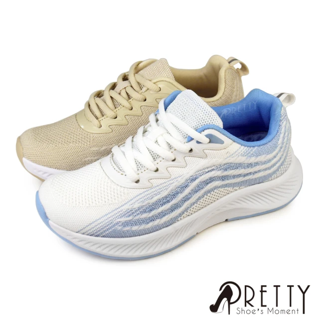 PrettyPretty 女 運動休閒鞋 小白鞋 厚底 輕量 彈力 透氣(白藍、卡其)