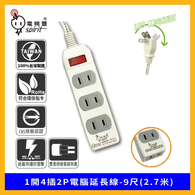 spirit 電精靈】過載防護型1開4插2P電腦延長線180度轉向插頭(9尺-2.7米