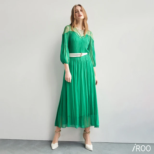 iROOiROO 雪紡摺飾長版寬鬆洋裝