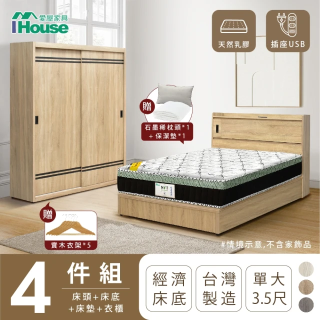 IHouse 品田 房間4件組 單大3.5尺(床頭箱+床底+床墊+衣櫃)