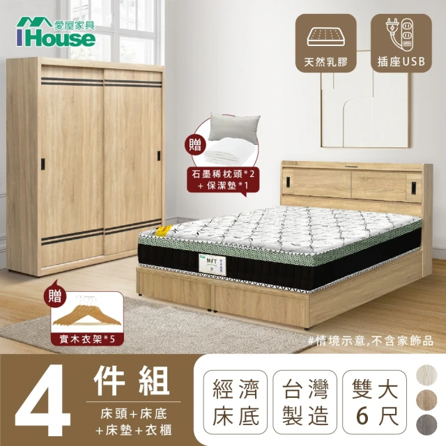 IHouse 品田 房間4件組 雙大6尺(床頭箱+床底+床墊+衣櫃)