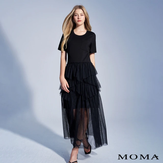 MOMAMOMA 不對稱設計感紗裙拼接洋裝(黑色)