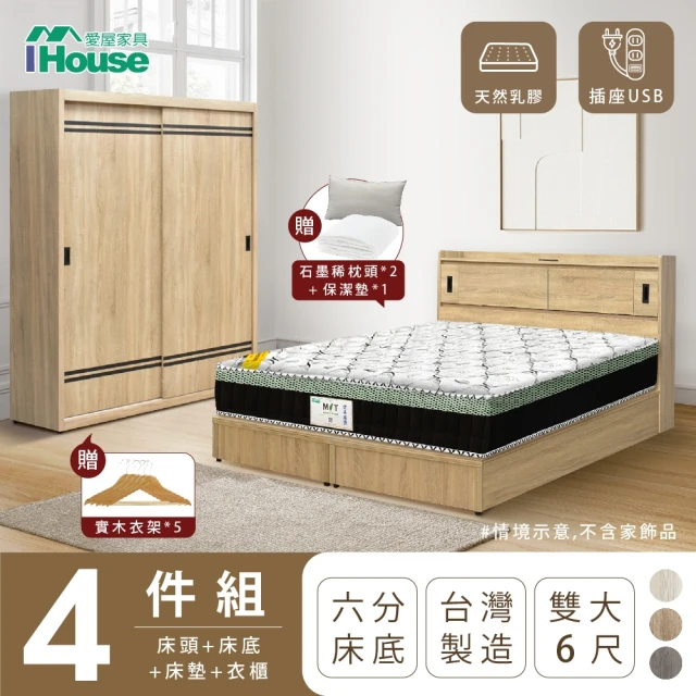 IHouse 品田 房間4件組 雙大6尺(床頭箱+6分底+床墊+衣櫃)