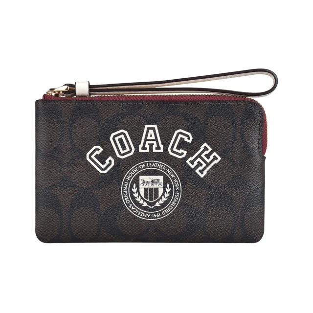 COACH COACH Varsity字母LOGO印花搭學院風設計PVC拉鍊手拿包(深棕x白)