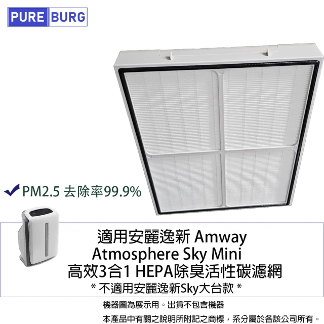 PUREBURG 適用安麗逸新Amway Atmosphere Sky Mini 3代三代小台款 空氣清淨機 副廠3合1HEPA濾網