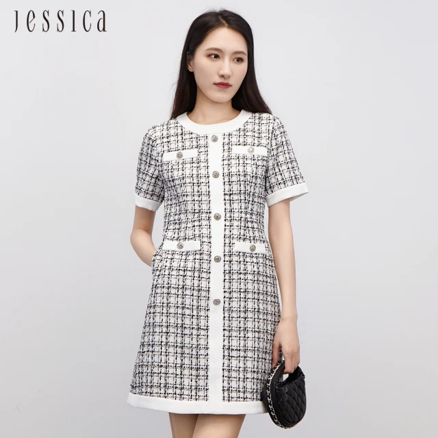 JESSICAJESSICA 氣質修身花呢小香風短袖洋裝233373（黑白）