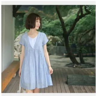 【*katieQ】V領短袖高腰連衣裙