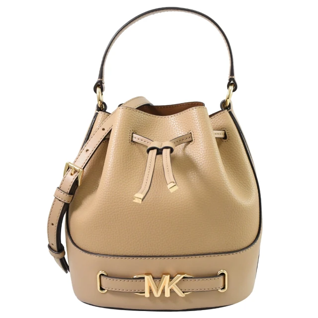 Michael Kors 新版金屬MK LOGO皮革拼接手提水桶包兩用包(駝)