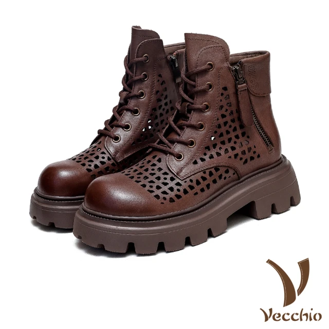 VecchioVecchio 真皮馬丁靴 粗跟馬丁靴/全真皮頭層牛皮縷空洞洞手工擦色粗跟馬丁靴(棕)
