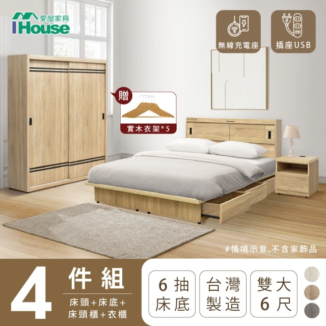 IHouse 品田 房間4件組 雙大6尺(床頭箱+收納抽屜底+床頭櫃+衣櫃)