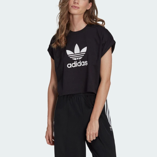 adidas 愛迪達 Short Tee 女 短袖 短版 上衣 T恤 亞洲版 休閒 三葉草 寬鬆 棉質 黑(IB1406)