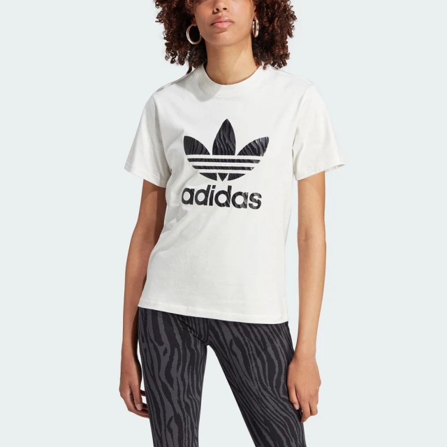 adidas 愛迪達 Animal Tee A 女 短袖 上衣 T恤 亞洲版 經典 三葉草 斑馬紋 棉質 白黑(IJ7781)