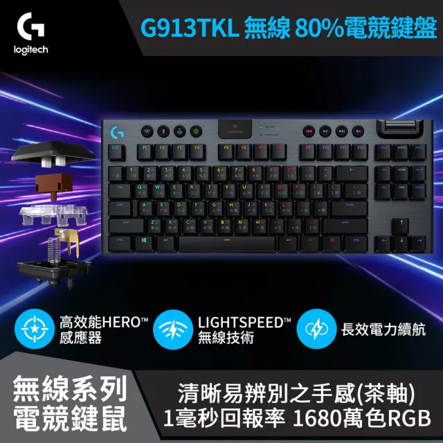 Logitech G】G913 TKL 無線80%機械式電競鍵盤(青軸/棕軸/紅軸) - momo