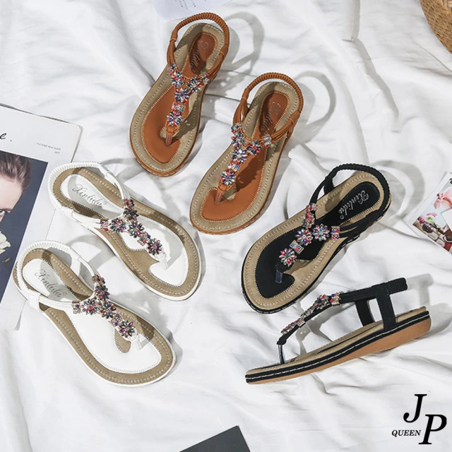 JP Queen New York 繽紛花朵波西米亞串珠夾腳女士涼鞋(3色可選)