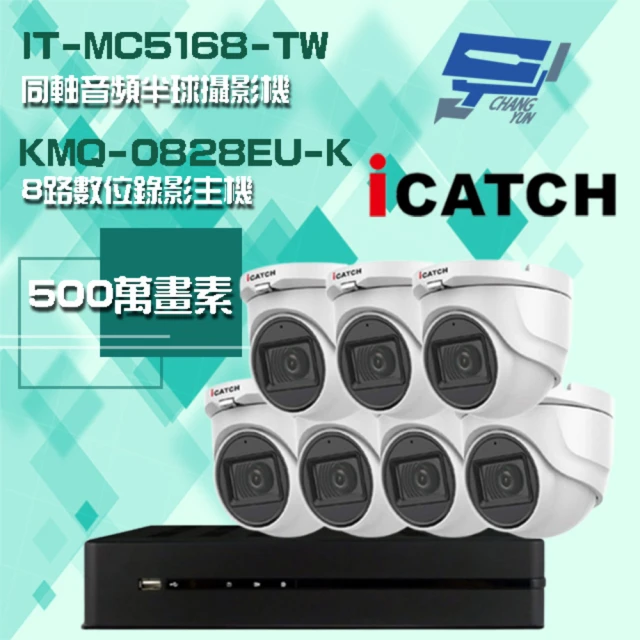 ICATCH 可取 監視器組合 8路數位錄影主機 + 500萬畫素 同軸音頻半球攝影機*7 昌運監視器