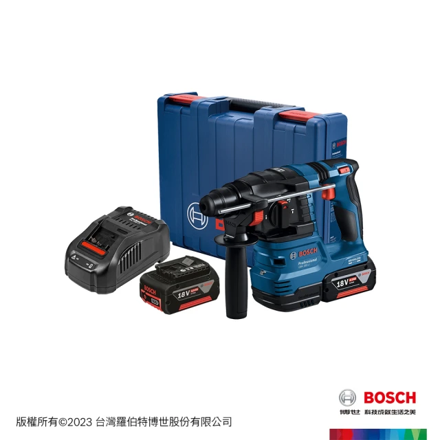 BOSCH 博世 18V鋰電免碳刷四溝免出力鎚鑽套裝組(GBH 185-LI 4.0Ahx2)