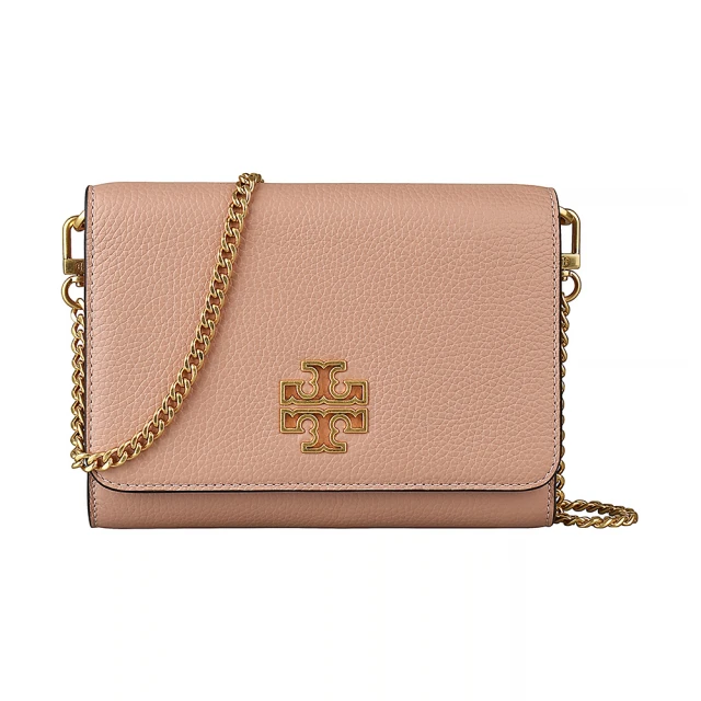 TORY BURCH TORY BURCH Britten 金字簍空大T LOGO牛皮釦式鏈帶肩背包(粉紅月亮)