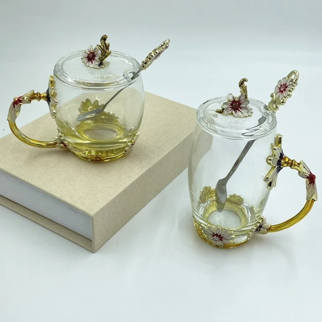 JENJEN 浮雕琺瑯玻璃水杯帶蓋含勺2入組