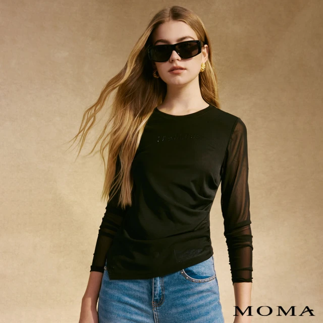 MOMA 燙鑽細節網布不對稱造型上衣(黑色)