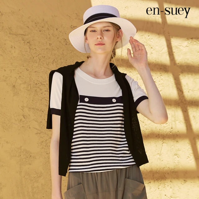 en-suey 銀穗 休閒風條紋變化裝飾釦短袖線衫-女