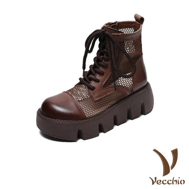 VecchioVecchio 真皮馬丁靴 厚底馬丁靴/全真皮頭層牛皮透氣網面拼接鬆糕厚底馬丁靴(棕)