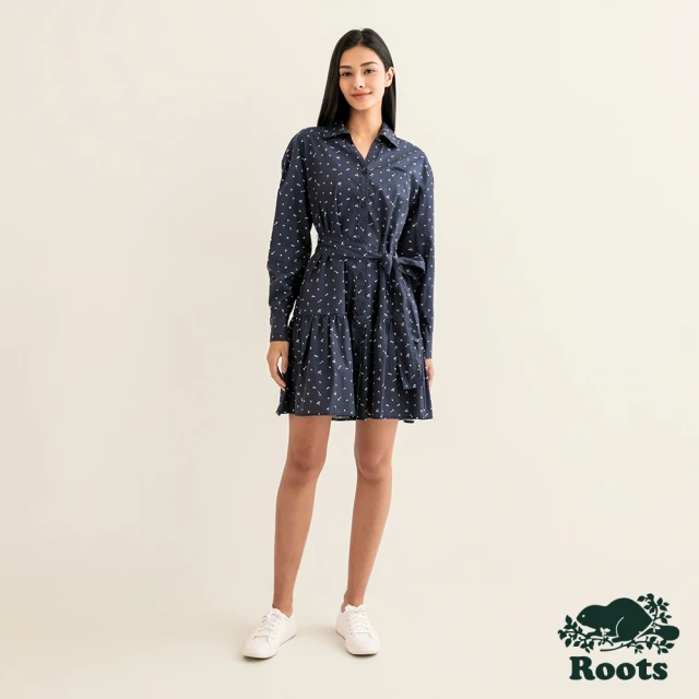 RootsRoots Roots女裝-舒適生活系列 刺繡海狸LOGO有機棉拼接襯衫洋裝(軍藍色)