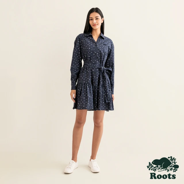 Roots Roots女裝-舒適生活系列 刺繡海狸LOGO有機棉拼接襯衫洋裝(軍藍色)