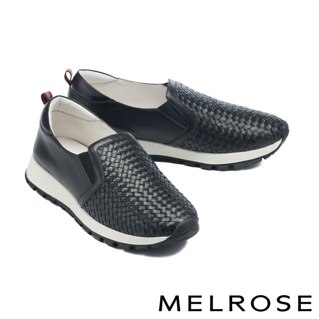 MELROSE 美樂斯 日常百搭編織造型全真皮厚底休閒鞋(黑)