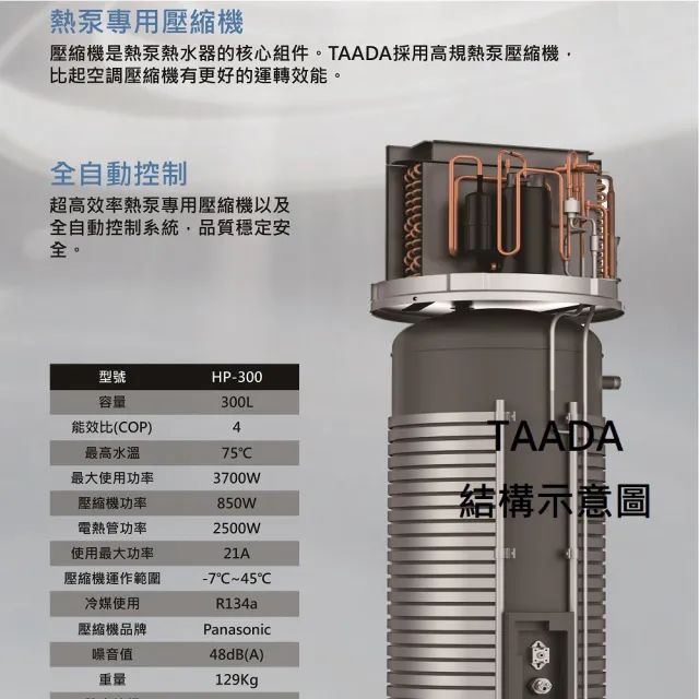 【TAADA精湛智能熱泵】300L 混合動力熱泵熱水器 超強馬力(純熱泵可加熱至65℃)