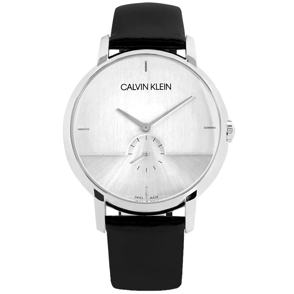 【Calvin Klein 凱文克萊】都會時尚 獨立小秒針 礦石強化玻璃 皮革手錶 銀x黑 43mm(K9H2X1C6)