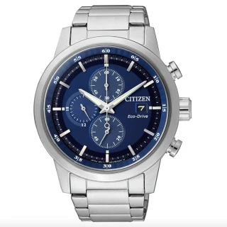 【CITIZEN 星辰】光動能三眼碼錶計時不鏽鋼潮男腕錶-銀藍 43mm(CA0610-52L 亞洲限定)