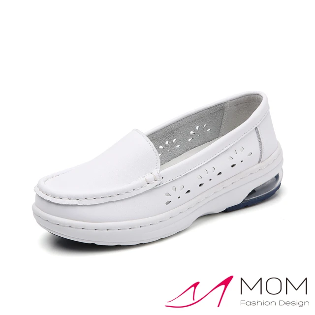 【MOM】真皮護士鞋 縷空護士鞋/真皮舒適彈力加大氣墊縷空花朵素面護士鞋(白)