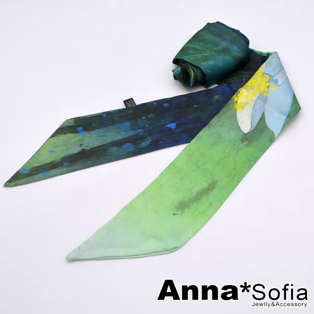 【AnnaSofia】仿絲領巾絲巾圍巾-黯繪花荷 長窄版緞面 現貨(黑綠系)
