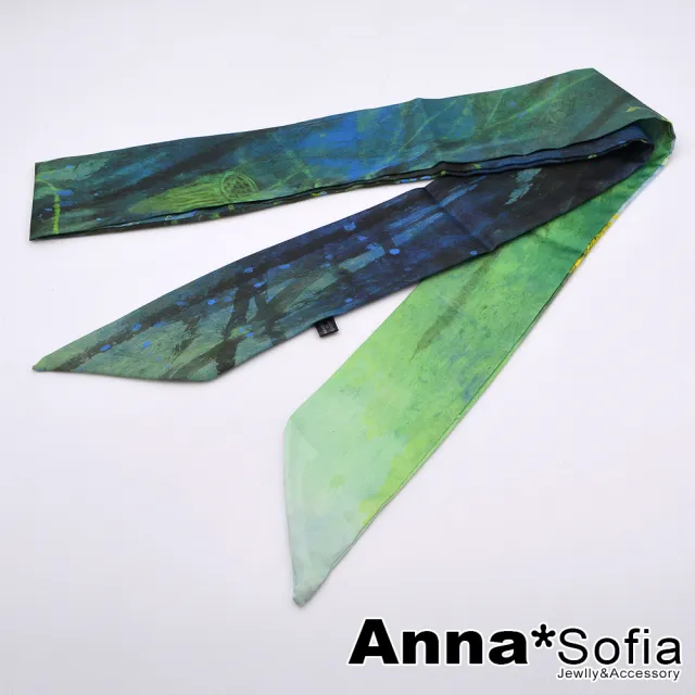 【AnnaSofia】仿絲領巾絲巾圍巾-黯繪花荷 長窄版緞面 現貨(黑綠系)