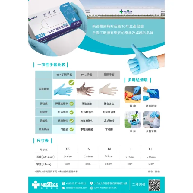 週期購【MEDTECS 美德醫療】NBR丁腈橡膠手套30盒組100pcs/盒SGS食安級(無粉 防滑 高彈性 耐高溫 耐油 耐磨)