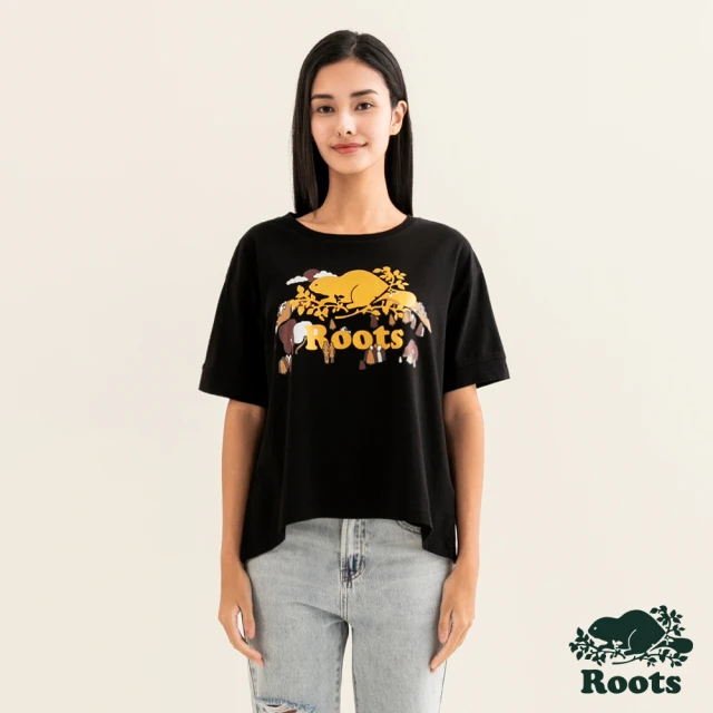 Roots Roots女裝-#Roots50系列 荒野海狸有機棉寬版短袖T恤(黑色)