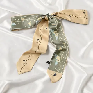 【AnnaSofia】仿絲領巾絲巾圍巾-旋律蝶舞雙面紋 長窄版緞面 現貨(灰綠黃系)
