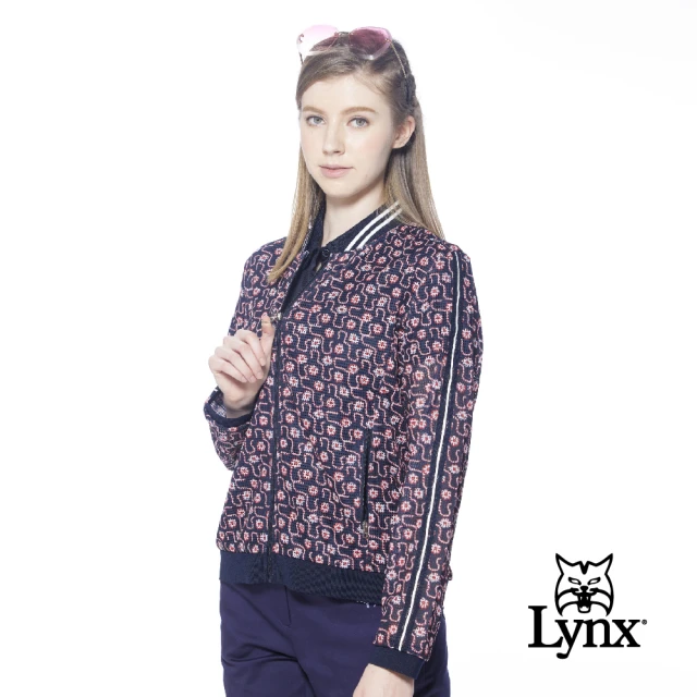 【Lynx Golf】korea女款羅紋領滿版碎花花布兩袖織帶設計長袖外套(深藍色)