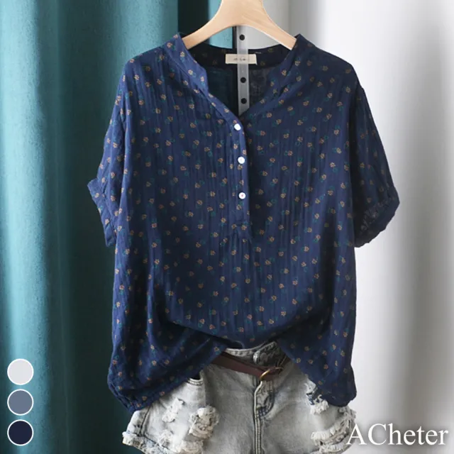 【ACheter】日系點點印花V領修身顯瘦寬鬆涼感短袖棉麻襯衫上衣#112271(8款任選)