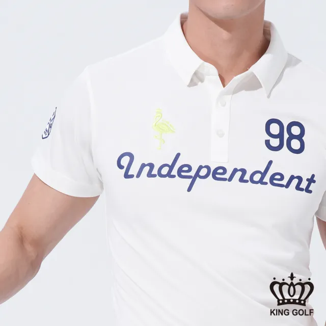 【KING GOLF】網路獨賣款-英文字體刺繡徽章造型POLO衫/高爾夫球衫(白色)