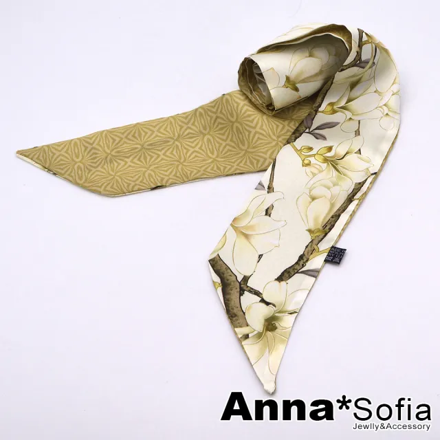 【AnnaSofia】仿絲領巾絲巾圍巾-英草字雙面紋 長窄版緞面 現貨(茉莉-杏褐系)