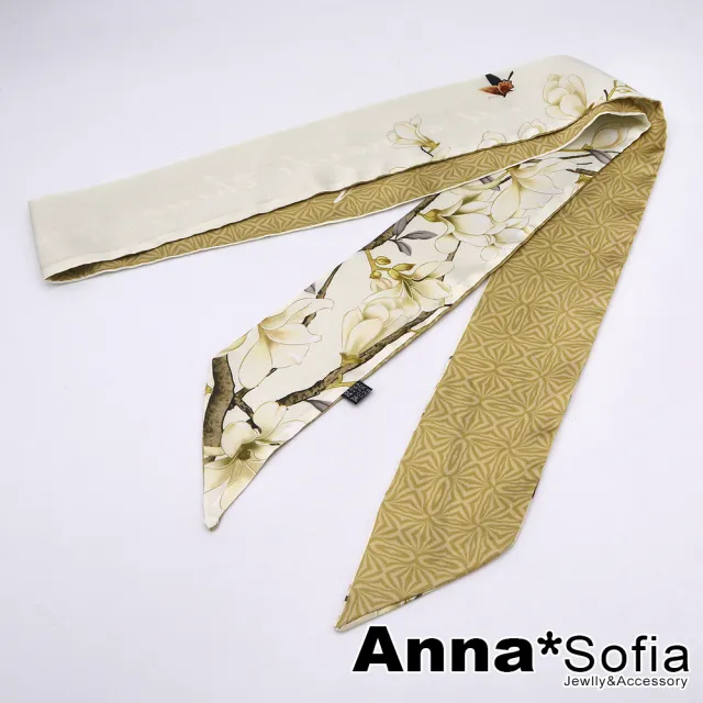 【AnnaSofia】仿絲領巾絲巾圍巾-英草字雙面紋 長窄版緞面 現貨(茉莉-杏褐系)